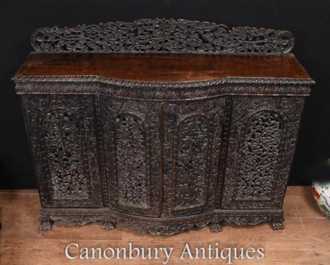 Large Burmese Sideboard Server - Hand Carved Antique Burma Circa 1880 Myanmar