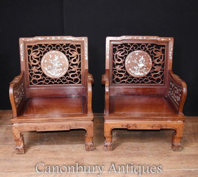 Pair Chinese Arm Chairs - Antique Hardwood Mother Of Pearl Inlay Chair