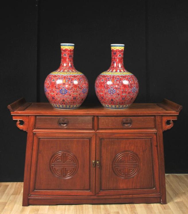 Pair Chinese Jingdezhen Porcelain Vases Bulbous Urns Imperial Red