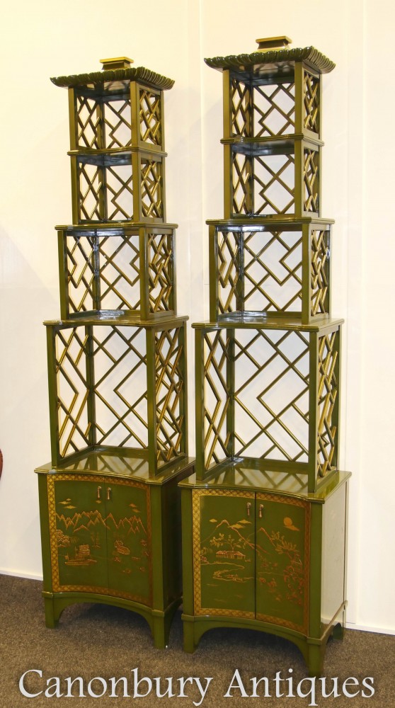 Pair Chinese Lacquer Etagere Bookcases - Chinoiserie Pagoda Shelf