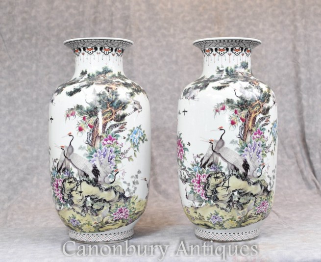 Pair Chinese Qianjiang Porcelain Vases Urns Crane Stork Painted China