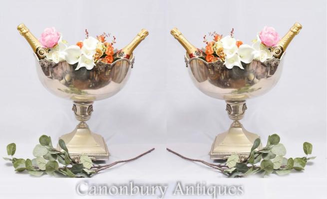 Pair English Silver Plate Punch Bowls Urns Stands