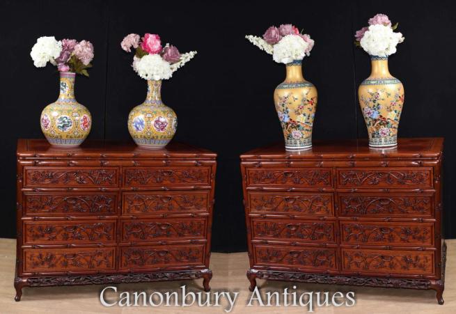 Pair Large Hand Carved Chinese Commodes Chests of Drawers