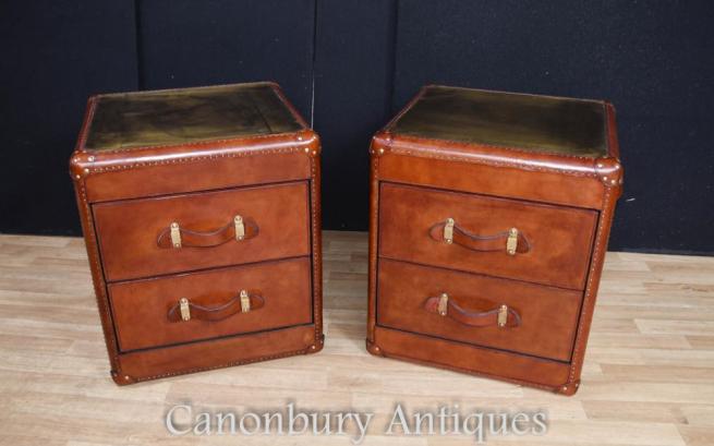 Pair Leather Campaign Bedside Chests Drawers Steamer Trunk Nightstands