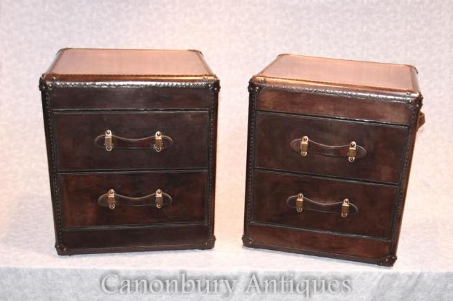 Pair Leather Campaign Chests of Drawers Bedside Nightstands Colonial Furniture