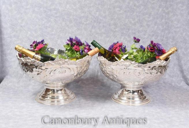 Pair Rococo Silver Plate Punch Bowls Planters Van Bergh NY