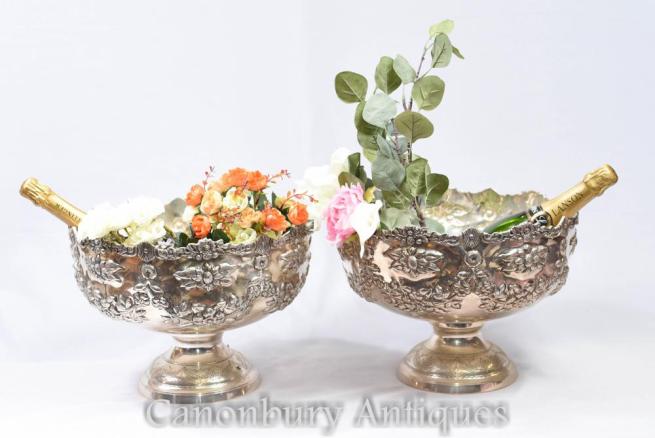 Pair Victorian Silver Plate Rococo Punch Bowls Champagne Buckets Dishes