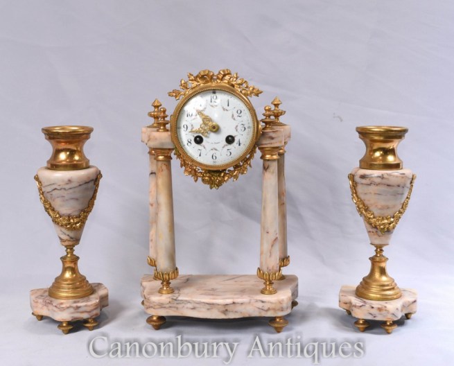 Antique Clock Set - French Empire Marble Mantle Clocks Garniture