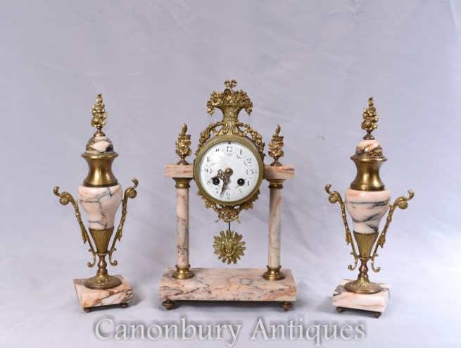 Antique Clock Set - French Mantle Gilt Clocks Garniture Set