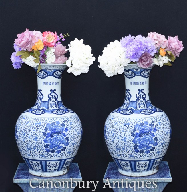 Chinese Blue and White Ming Urns - Chinese Temple Vases