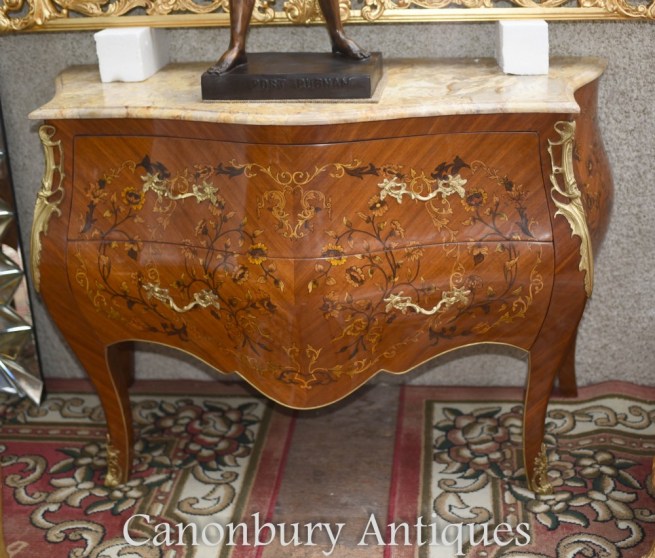 French Bombe Commode - Marquetry Inlay Chest of Drawers