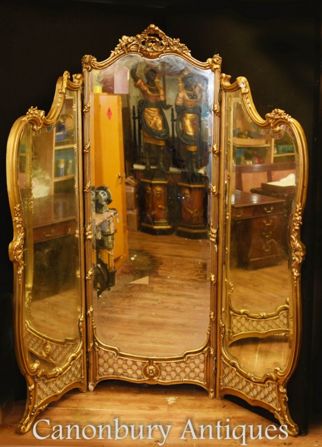 French Gilt Fold Mirror Screen Louis XVI