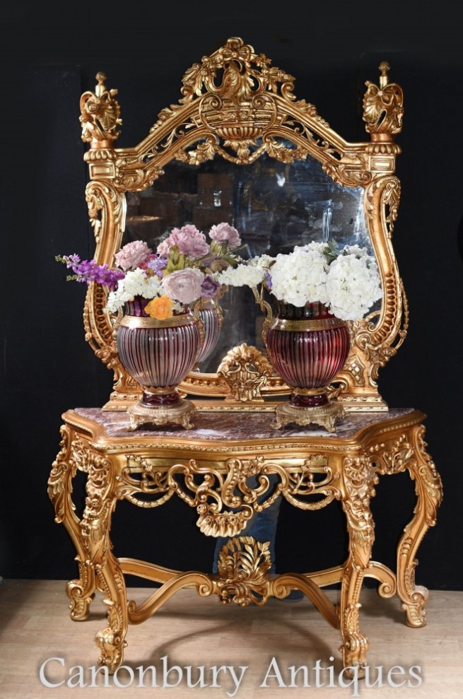 Italian Gilt Console Table and Mirror Set Rococo