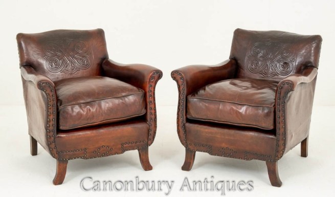 Pair Antique Leather Club Chairs French Circa 1900