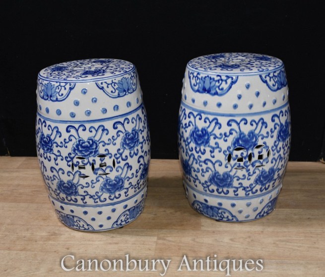 Pair Blue and White Porcelain Stools Garden Seats Urns