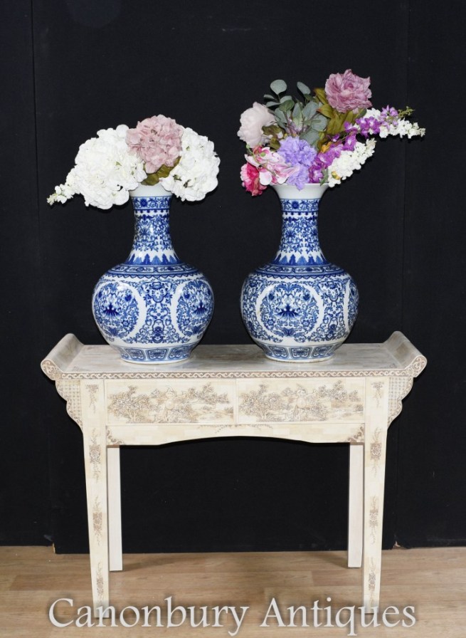 Pair Blue and White Porcelain Vases - Chinese Ming Temple Urns
