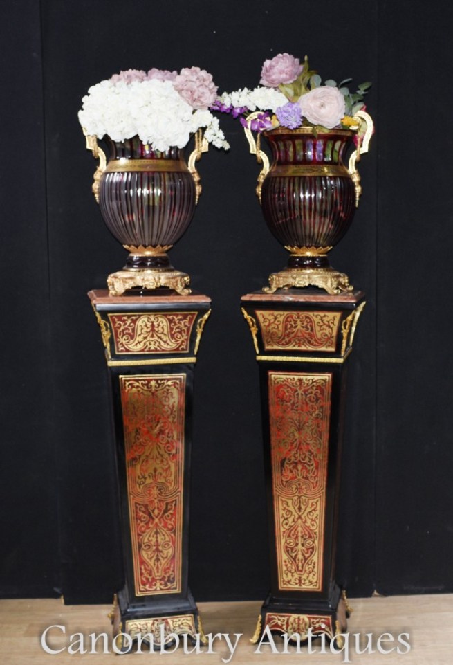 Pair Boulle Pedestal Stand Tables - Louis XVI Inlay