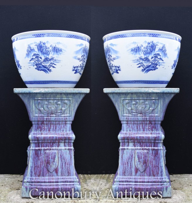 Pair Chinese Blue and White Porcelain Planters Pots - Ming