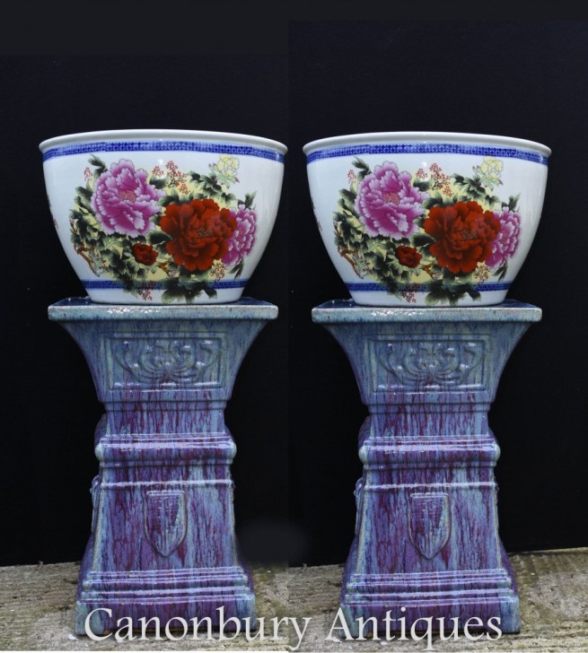 Pair Chinese Fish Bowl Porcelain Planter Pots