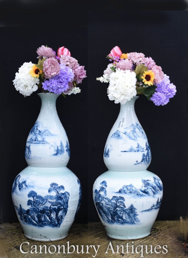 Pair Chinese Porcelain Ming Vases - Blue and White Double Gourd Urns