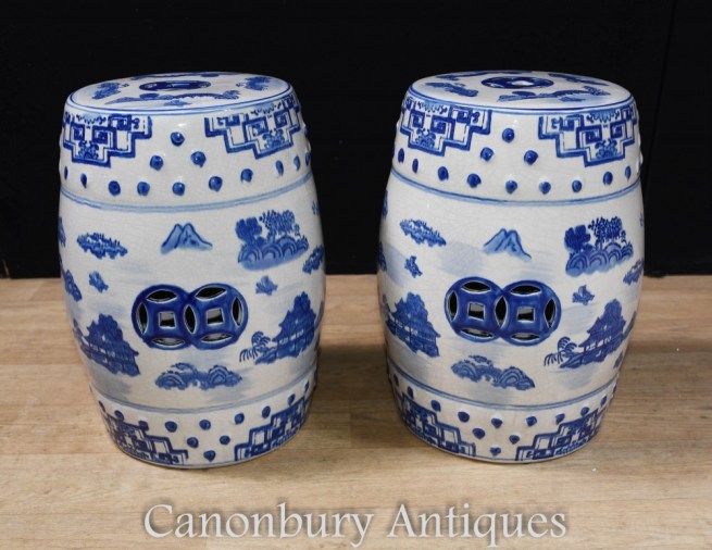 Pair Chinese Porcelain Stools - Ming Blue and White Urn