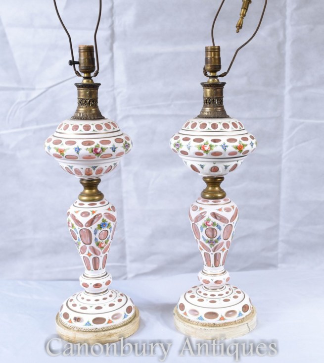 Pair German Porclain Table Lamps - Antique Bohemian Glass Lights