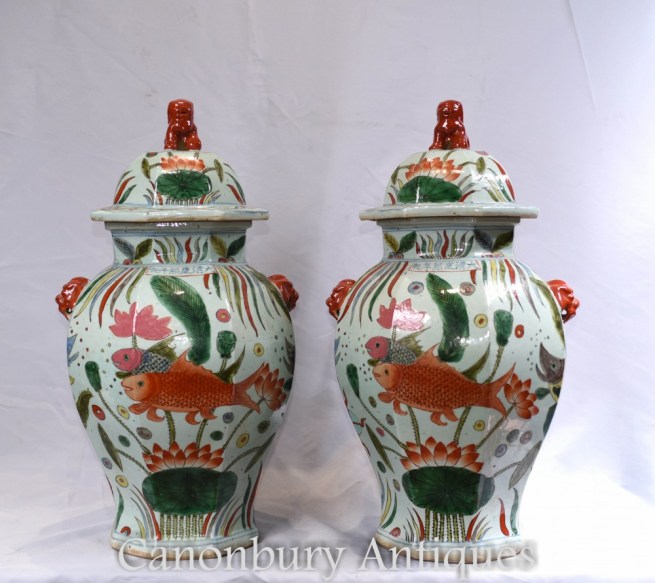 Pair Ming Porcelain Temple Jars - Chinese Vases Urns
