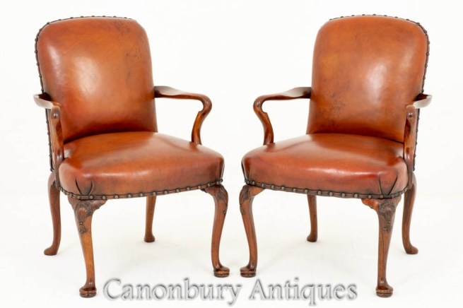Pair Queen Anne Arm Chairs Leather Walnut