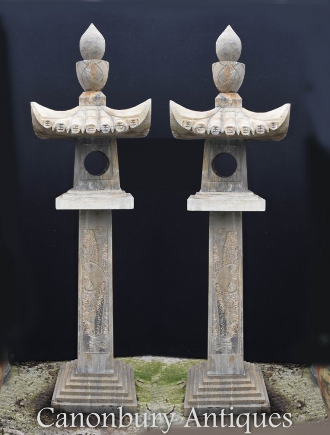 Pair Stone Japanese Pagoda Lantern Columns Garden Statue