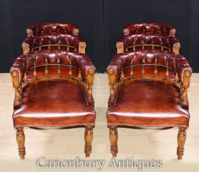 Set Leather Captains Chairs - Leather Tub Library Arm Chair