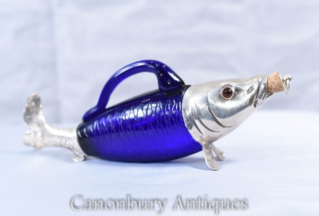 Victorian Silver Plate Glass Fish Bottle Decanter