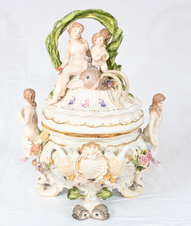 German Dresden Porcelain Urn Bowls Encrusted Maiden Cherubs