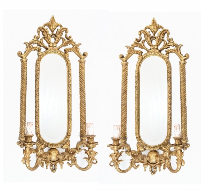 Pair Regency Gilt Sconces Mirrored Girandole Candelabras