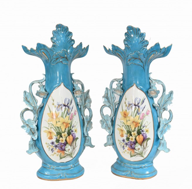 Pair Sevres Porcelain Vases Floral Urns
