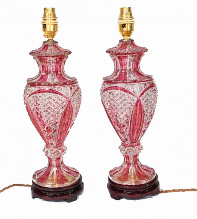 Pair Victorian Glass Table Lamps Ruby Red Lights