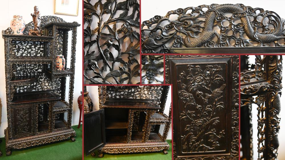 Antique Chinese Display Cabinet Profusely Carved Padouk 1860
