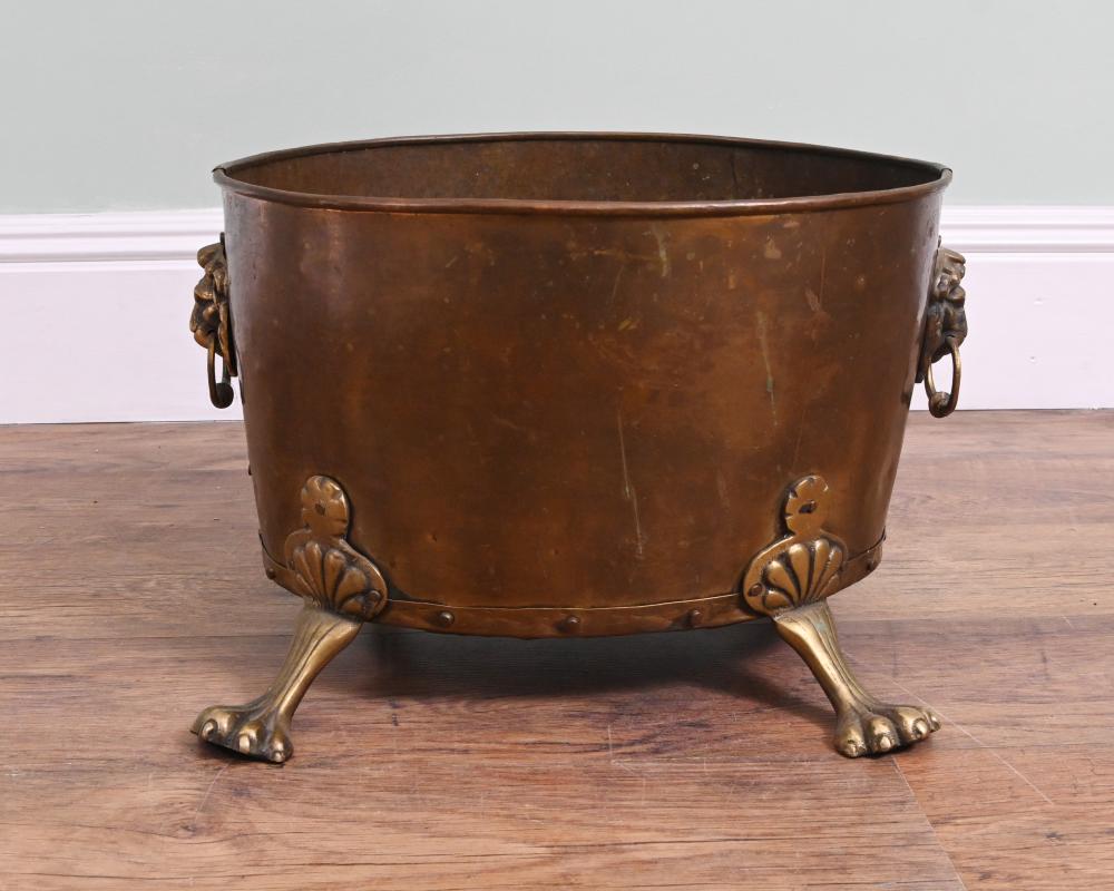 Antique Copper Log Bin Scuttle Brass Planter
