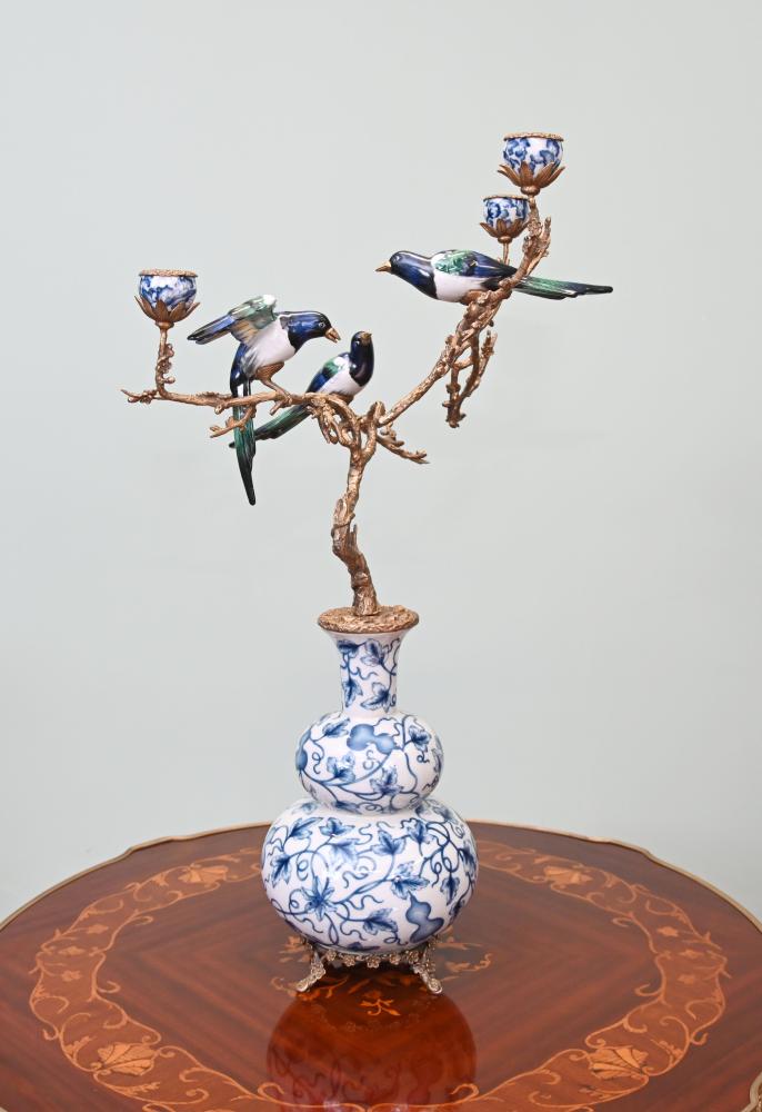 Blue and White Porcelain Candelabra Exotic Bird Branch