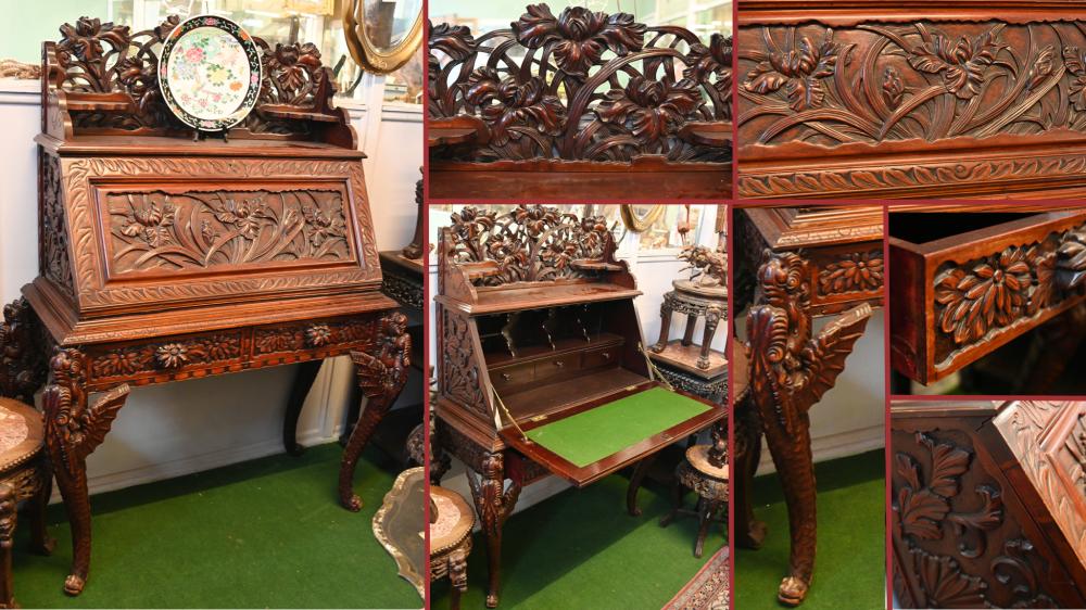 Carved Chinese Bureau Desk Hardwood 1860