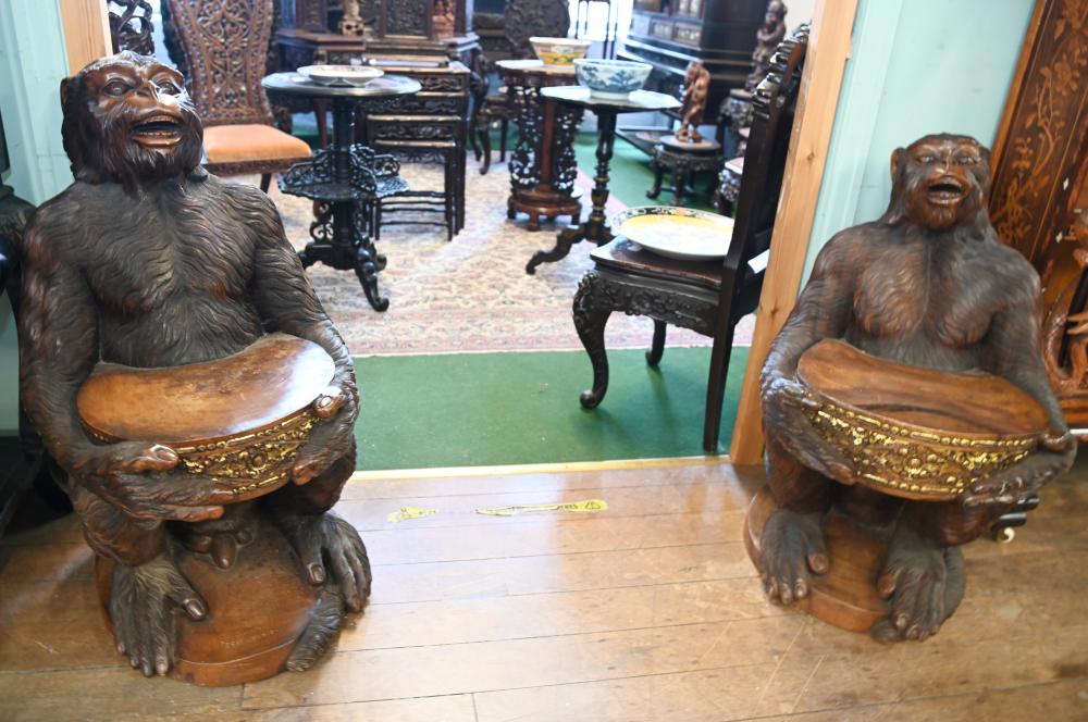 Pair Carved Italian Monkey Chairs Hardwood 1920
