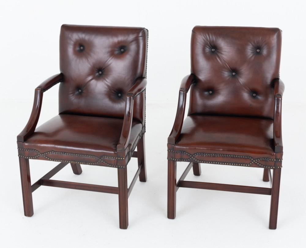 Pair Georgian Gainsborough Arm Chairs Leather Revival