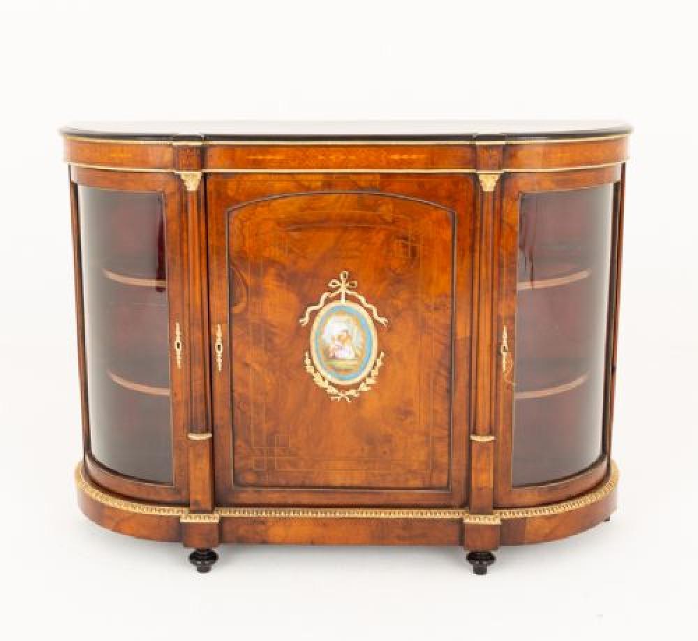Victorian Credenza Burr Walnut Cabinet Sevres Plaque 1860
