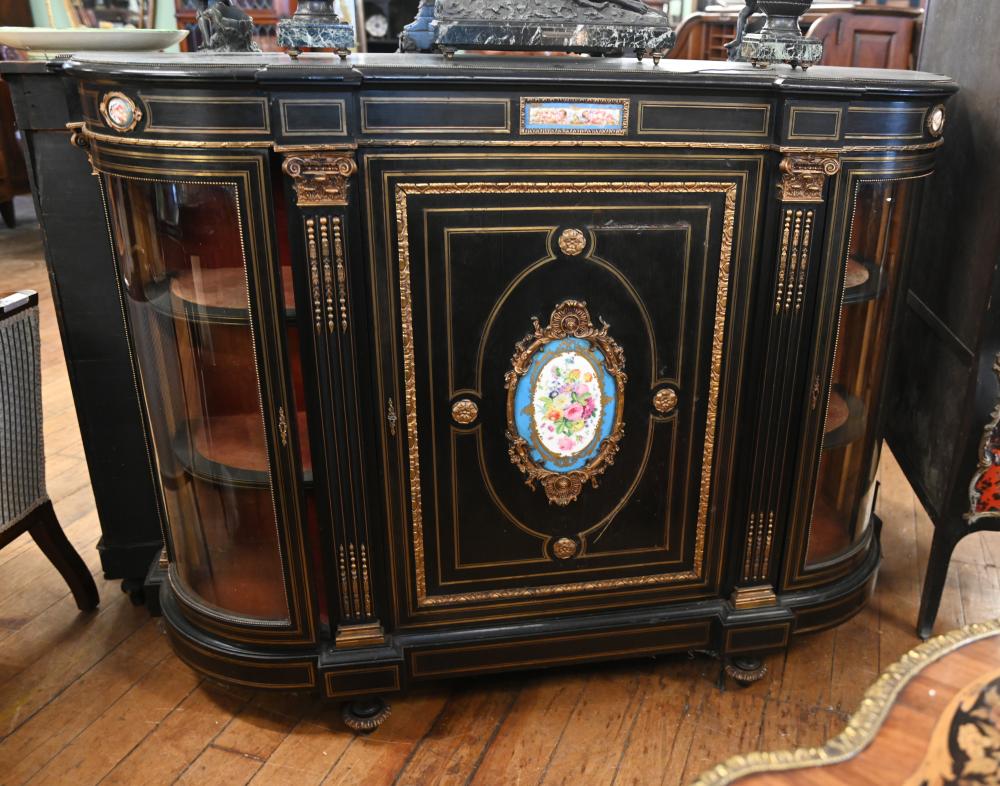 Victorian Ebonized Credenza Side Cabinet Sevres Plaques 1880
