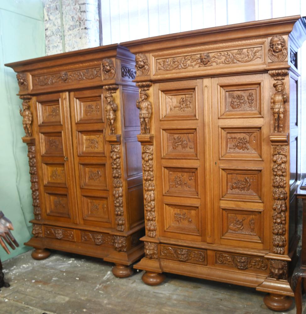Pair Flemish Carved Cabinets Wardrobe Closets Oak 1840
