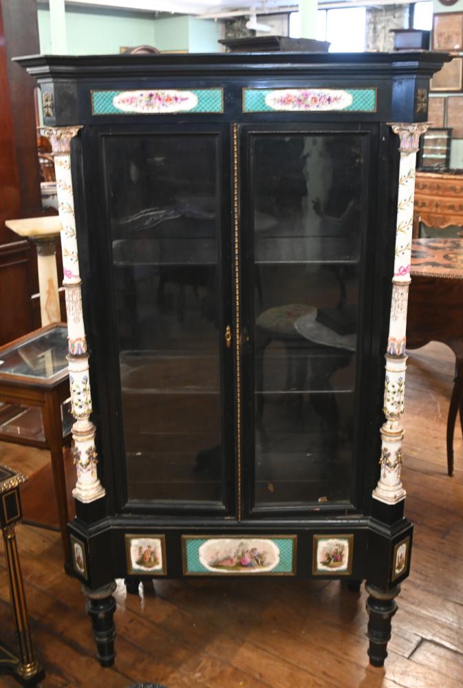 Victorian Ebonized Display Cabinet Painted Porcelain 1840
