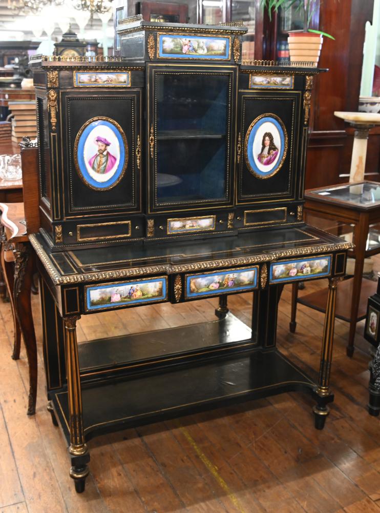Victorian Side Cabinet Ebonized Sevres Porcelain Plaques 1880
