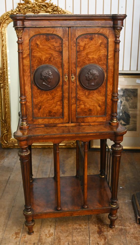 Victorian Walnut Cabinet on Stand Bronze Plaques 1840
